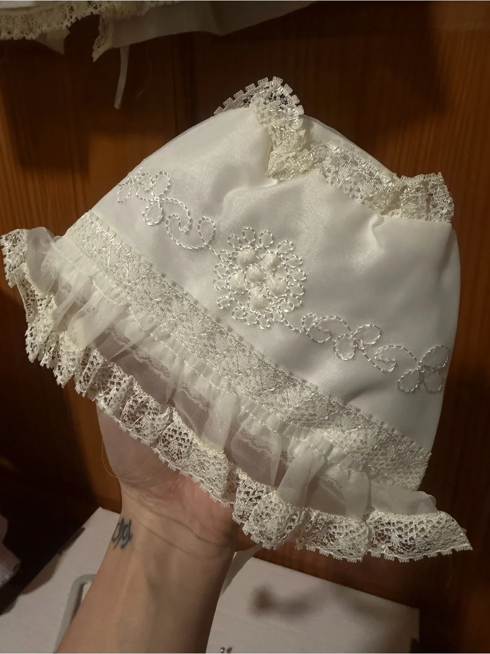Vintage 1960s 4pc Ivory Lace Baby Christening Dress with Matching Bonnet